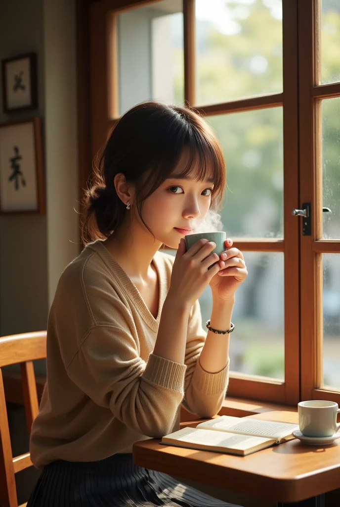 Picture a cozy café nestled in the heart of Kyoto, where a young Japanese woman enjoys a leisurely afternoon. The light through the window casts playful shadows on her face as she sips a steaming cup of matcha latte. Her outfit, a stylish mix of a comfortable sweater and a pleated skirt, speaks to her understated elegance. Around her, the aroma of freshly ground coffee and baking pastries saturates the air, crafting an inviting and warm setting. She reads a classic literature book, its pages well-worn and cherished. The ambient sound of soft jazz and the occasional clinking of cups provide a soothing backdrop as she immerses herself in her little world of words.