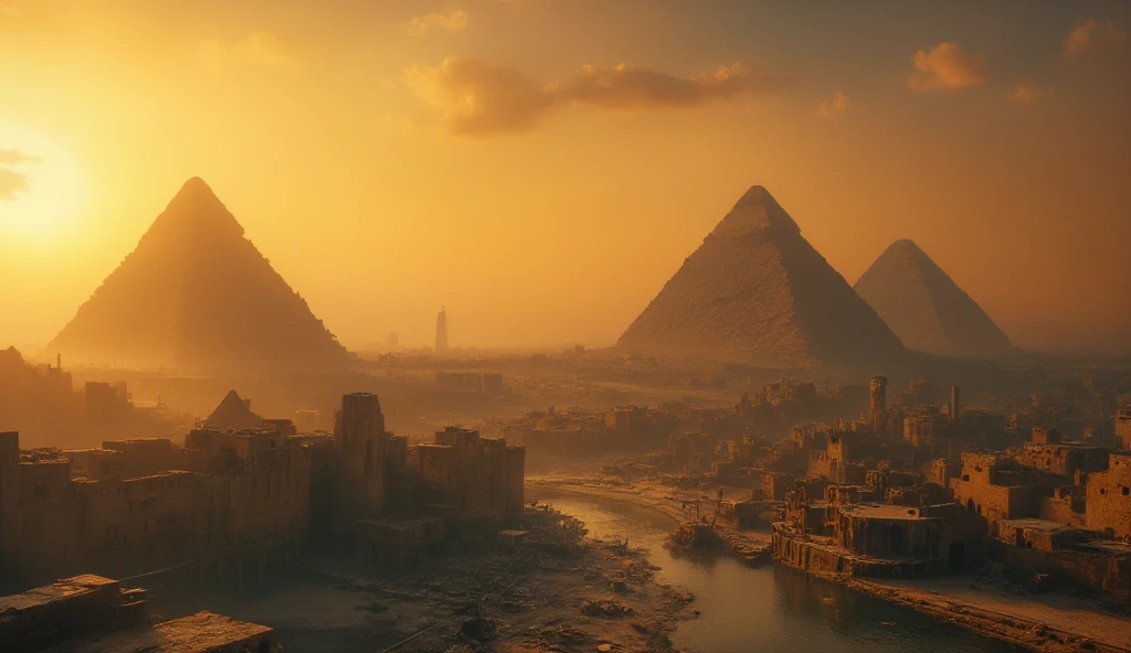 Cinematic film still a A bird's-eye view of Ancient Egypt at dawn,  with the sun rising over the pyramids of Giza and the Nile flowing smoothly. The sky is painted in orange and gold tones ,  as the city's inhabitants begin their day .  The sound of the Nile and birdsong create a tranquil atmosphere .