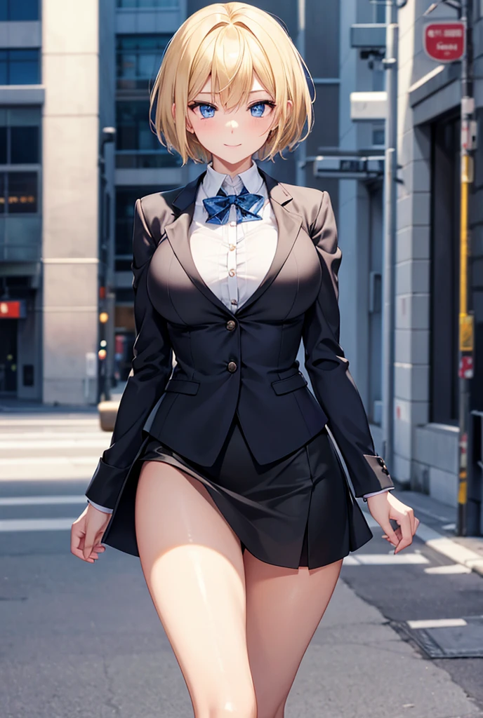 masterpiece, absurdres, best quality, ultra detailed, extremely beautiful detailed face and eyes, bright colour, 1girl, cute face, magenta eyes, sparkling eyes, medium breasts, (perky breasts:1.1), (pointy breasts:1.1), medium hips, glamorous body, white skin, happy, BREAK, long bob cut, (blonde hair:0.8), messy hair, detailed hair, shiny hair, BREAK cardigan, tiny ribbon, perfect lighting, outdoor,