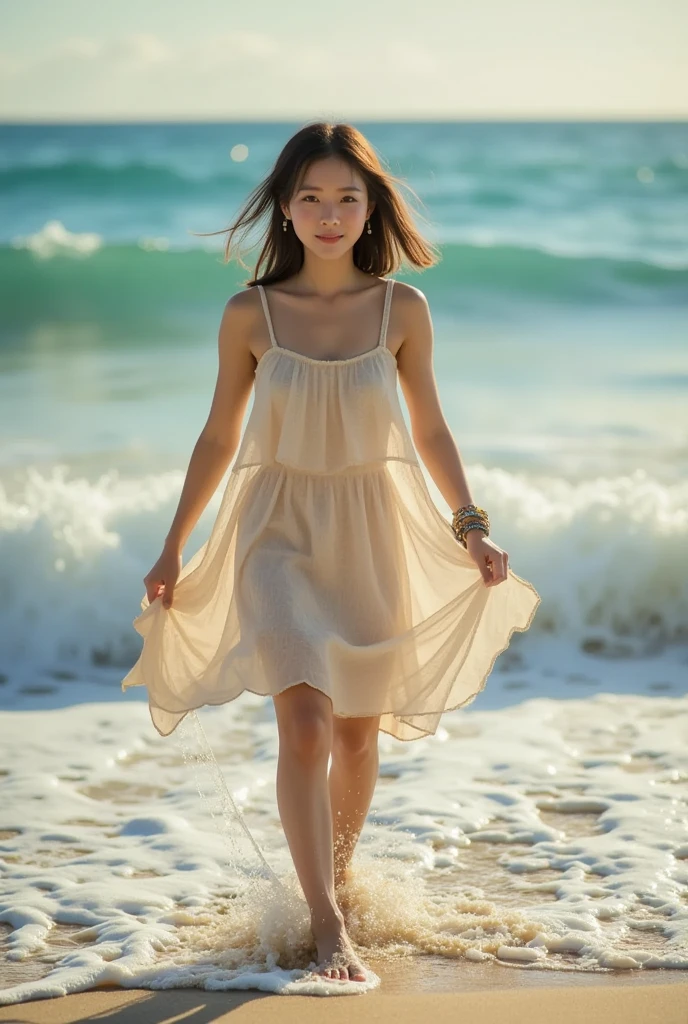 Along the tranquil shores of Okinawa, a young Japanese woman strolls, barefoot in the silky sands, with the sea breeze playfully tousling her hair. She wears a light, flowing sundress that dances around her as gracefully as the waves lapping at the shore. Her eyes, bright with wonder and delight, reflect the boundless azure of the sky above. Around her wrist is a bracelet woven from local shells, a keepsake of her time by the sea. Her spirit is as free as the ocean's horizon, and her laughter mingles with the gentle crash of waves, creating a melody of pure joy. The setting sun casts a golden glow, painting the world in soft, warm hues, a perfect end to a day imbued with the freedom of youth and the beauty of nature.