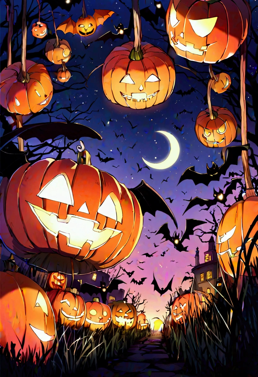 Illustration wallpaper、 trick or treat、 witch flying in the sky with a broom、 pumpkin lantern、night、Crescent Moon、star、A few bats 