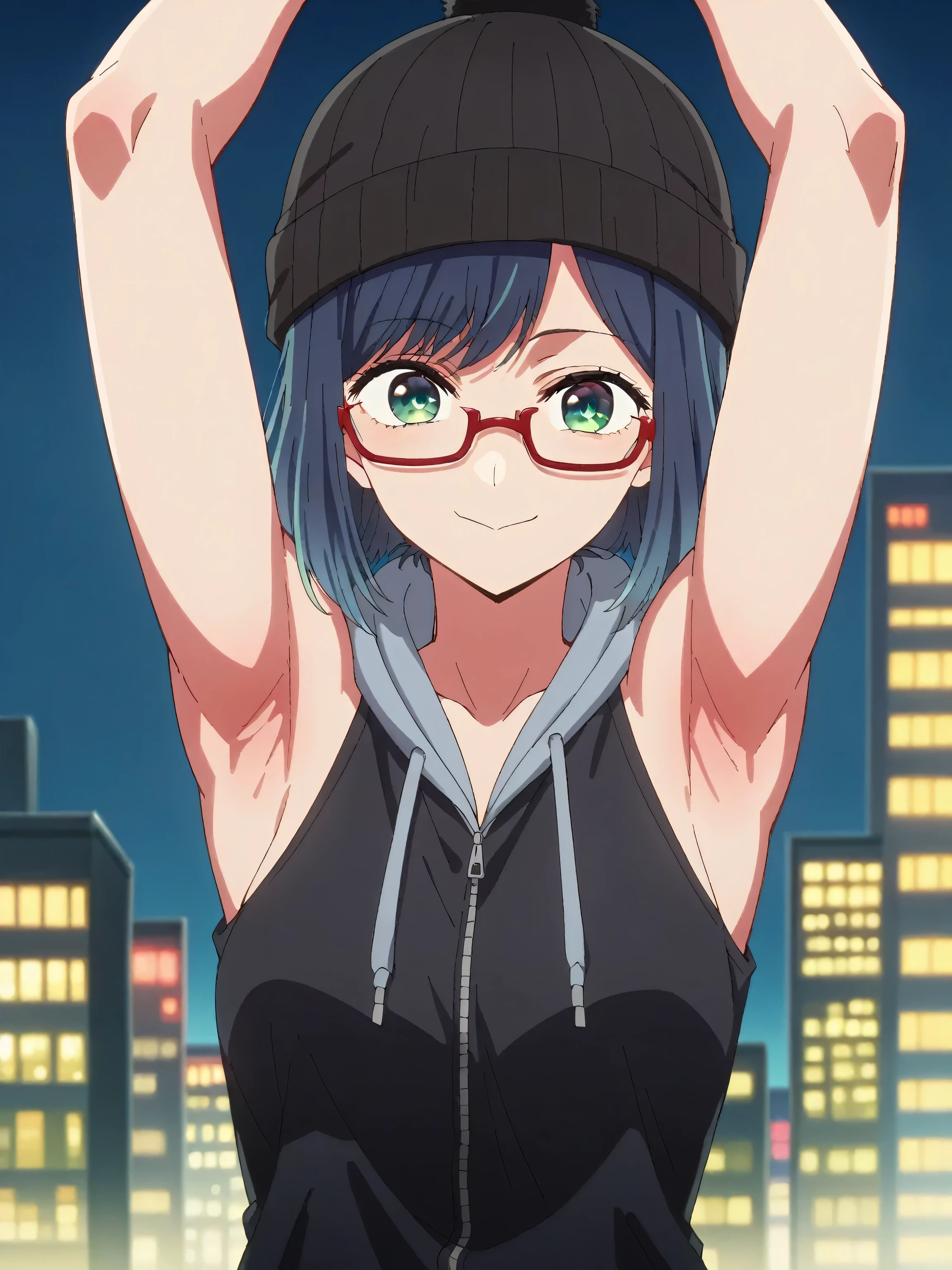 score_9, score_8_up, score_7_up, score_6_up, score_5_up, source_anime, anime screencap, 1girl, solo, akane kurokawa, bangs, green eyes, blue hair, medium hair, dark blue hair, hat, jacket, glasses, hood, black jacket, black headwear, hoodie, hood down, red-framed eyewear, beanie, sleeveless , bare shoulders, bare arms, looking at viewer, head towards viewer, arms up, raised arms, armpits, smile, closed mouth, medium breasts, outdoors, evening, city