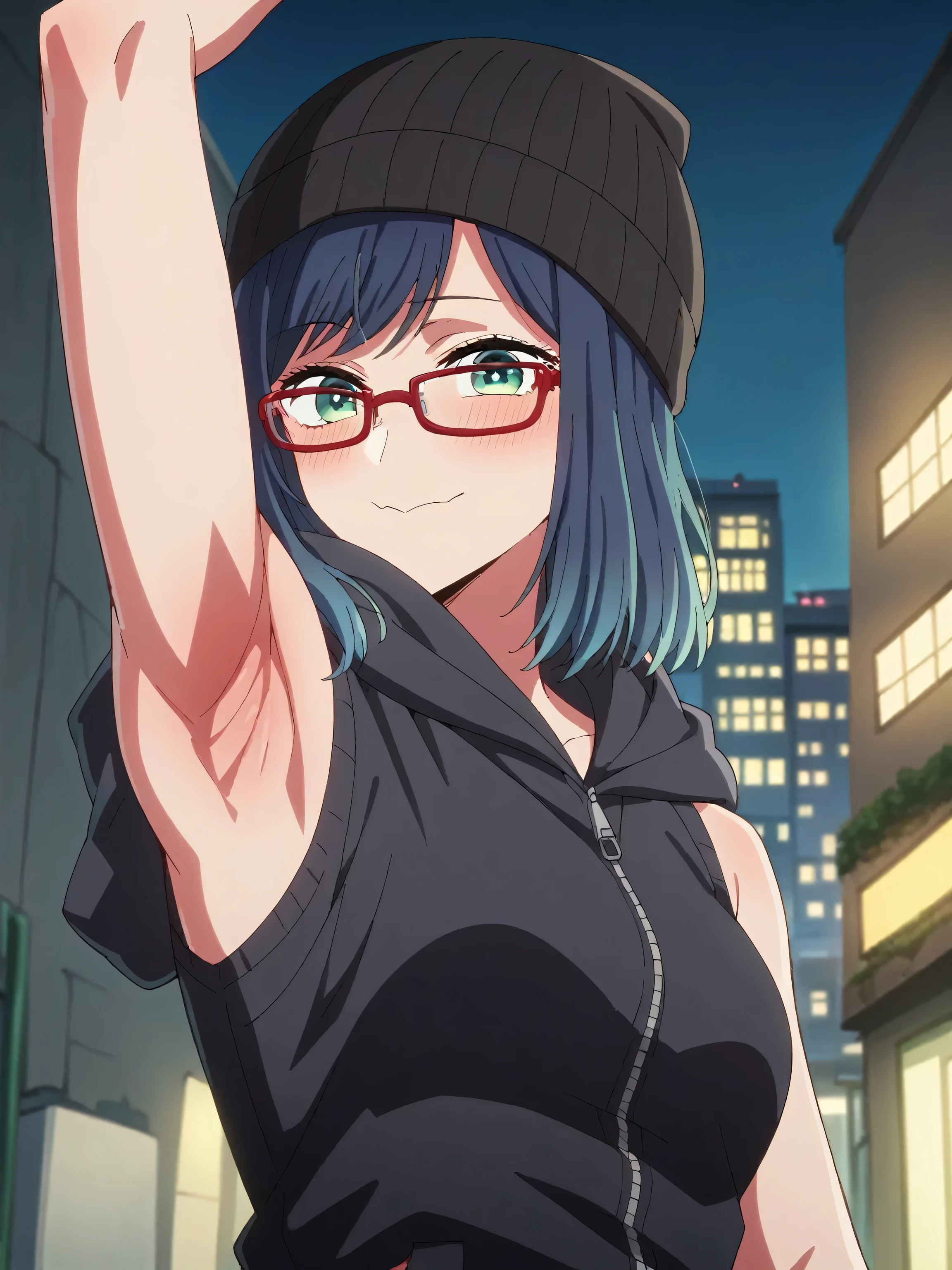 score_9, score_8_up, score_7_up, score_6_up, score_5_up, source_anime, anime screencap, 1girl, solo, akane kurokawa, bangs, green eyes, blue hair, medium hair, dark blue hair, hat, jacket, glasses, hood, black jacket, black headwear, hoodie, hood down, red-framed eyewear, beanie, sleeveless , bare shoulders, bare arms, looking at viewer, head towards viewer, arm up, raised arm, armpit, smile, closed mouth, medium breasts, outdoors, evening, city, back alley, wall, from side, from below, blush