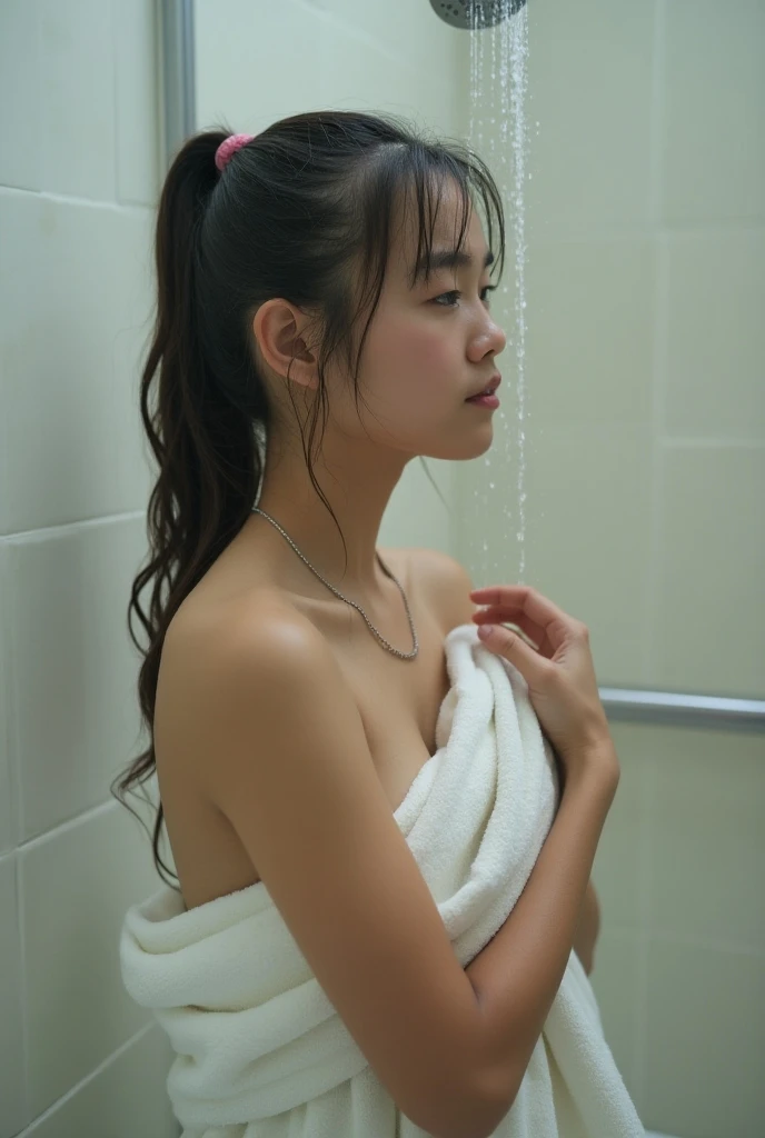  Shower room, ((white room)), 1 girl, smile:1.7,(huge hip:1.5), (Medium length hair), huge tits:1.3 , Black Hair, (naked, nude, No nipples), stretch, arms up, (arched back:1.8), (Highest quality,masterpiece:1.3,Ultra-high resolution,),(Very detailed,Caustics),(Realistic:1.4,RAW shooting,)Ultra-Realistic Capture,Very detailed,High resolution 16k, Suitable for human skin、 The skin texture is natural、、Skin tone is even and healthy looking、 明るいsunlight, sunlight, Japanese,(Depth of the written border、chromatic aberration、、Wide range of lighting、Natural Shading)、