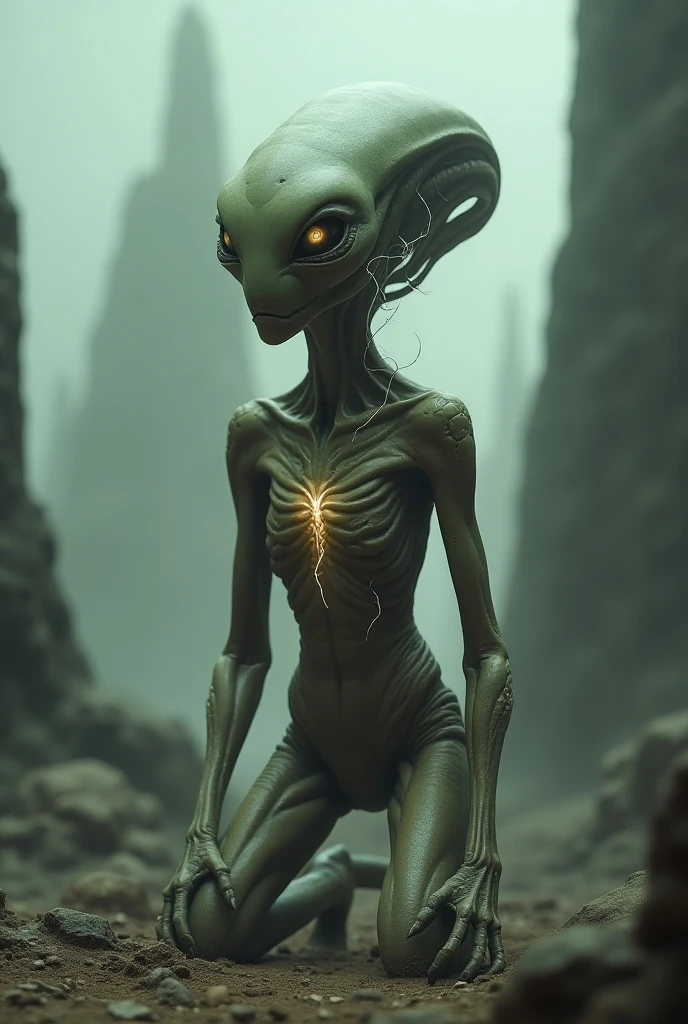 (medium full shot) of (unsettling alien) with radiant white translucent skin, natural etchings, reptilian body, multi-faceted red eyes, flexible glowing antennae, spiked limbs, cybernetic implants, set in  a mysterious bioluminescent forest, with shifting shadows, hidden secrets, an eerie vibe, under the starlight, ,Masterpiece,best quality, raw photo, realistic, very aesthetic, dark