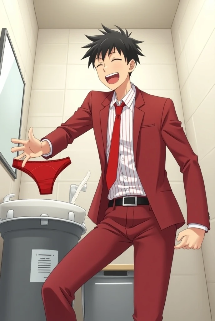 1boy, solo, male, red t-shirt, blue jeans, sneakers, black hair, short hair, bangs, looking down, smile,((wetting self, pee stains)), standing, seen from below, dynamic angle, hands on hips, anime screencap, front view