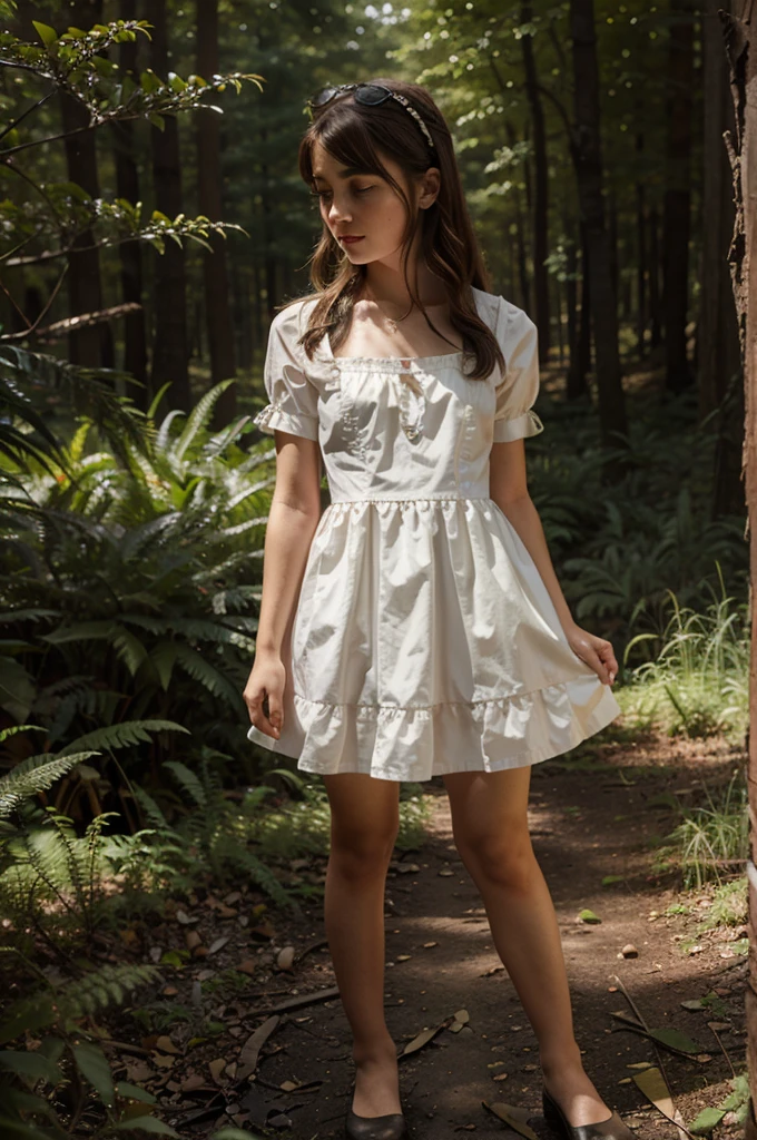 A with brown hair in a beautiful dress and shoes stands on the edge of the forest among tall flowers