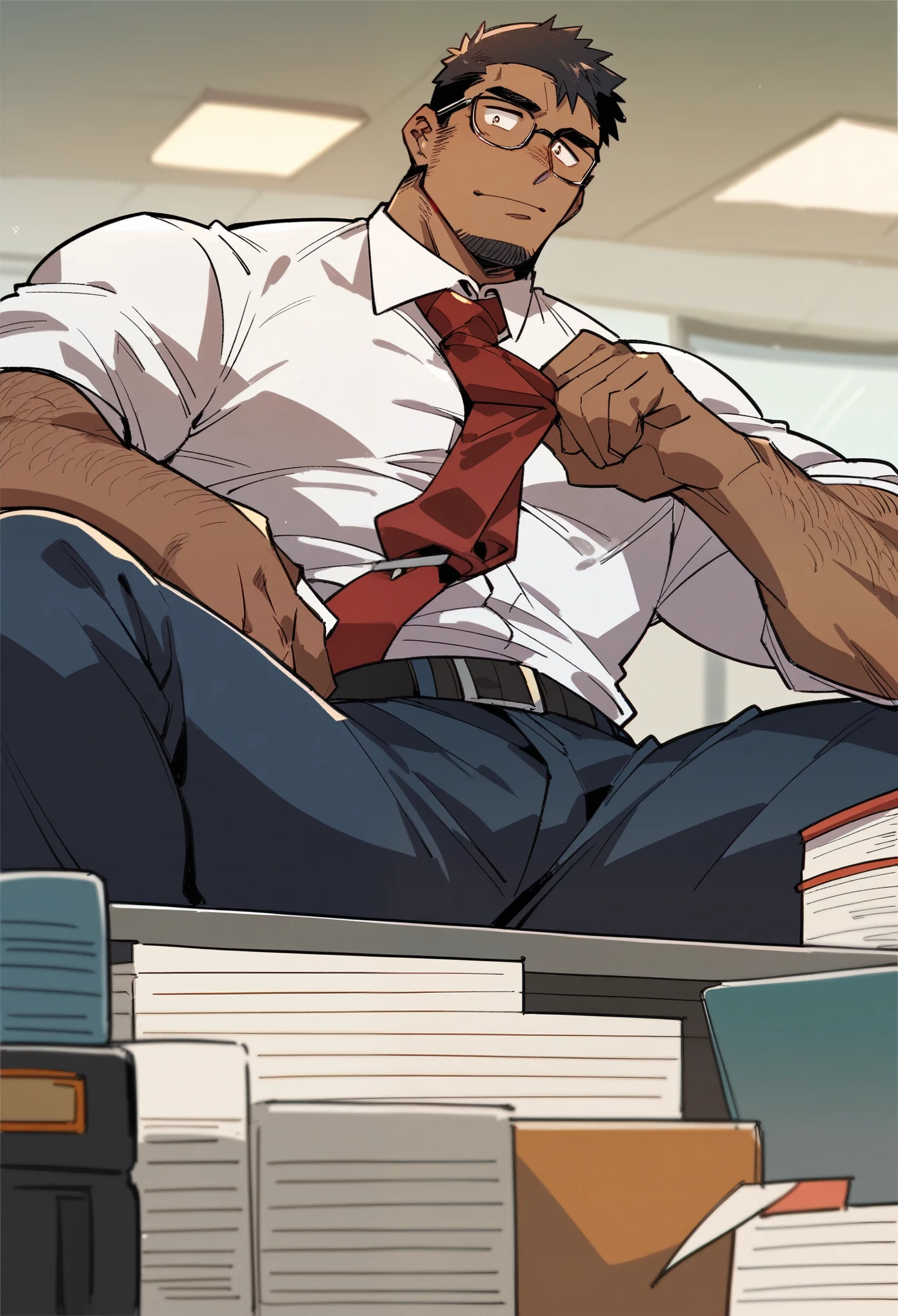 anime daddy, red tie, male focus, dark-skinned male, dark skin, bara, very very hairy, office suit, glasses, tight clothes, at school