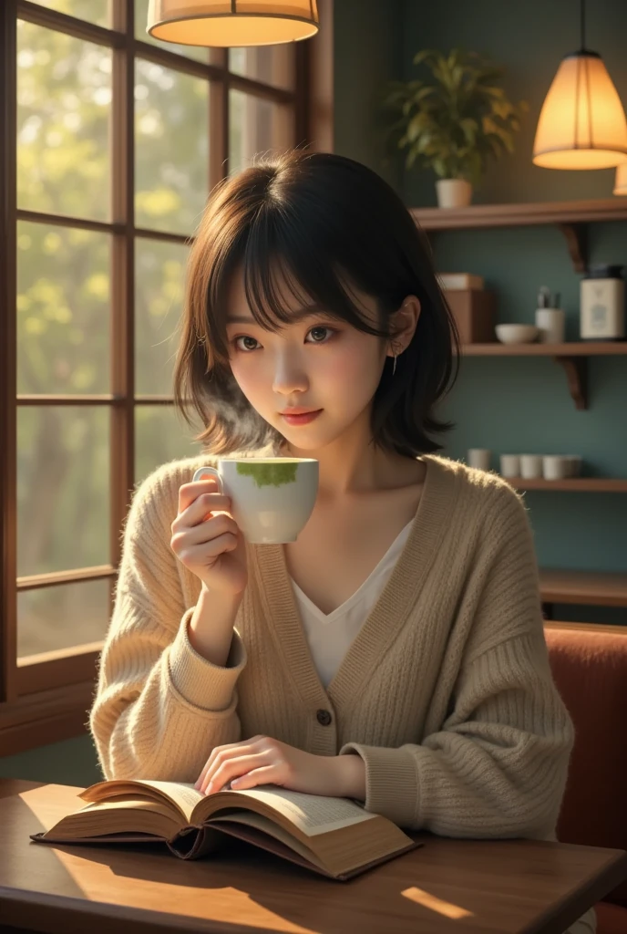 Picture a cozy café nestled in the heart of Kyoto, where a young Japanese woman enjoys a leisurely afternoon. The light through the window casts playful shadows on her face as she sips a steaming cup of matcha latte. Her outfit, a stylish mix of a comfortable sweater and a pleated skirt, speaks to her understated elegance. Around her, the aroma of freshly ground coffee and baking pastries saturates the air, crafting an inviting and warm setting. She reads a classic literature book, its pages well-worn and cherished. The ambient sound of soft jazz and the occasional clinking of cups provide a soothing backdrop as she immerses herself in her little world of words.