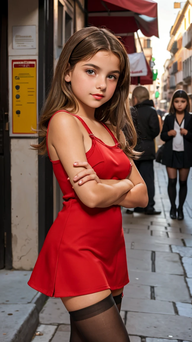 cute young italian -girl about (****:1.6) stay in thigh mini dress and red pantyhose on the street of little italy and wait for customers. Her Face is beautiful and she have seductive make up and red lips. Her Pose ist very erotic and she look very sexy