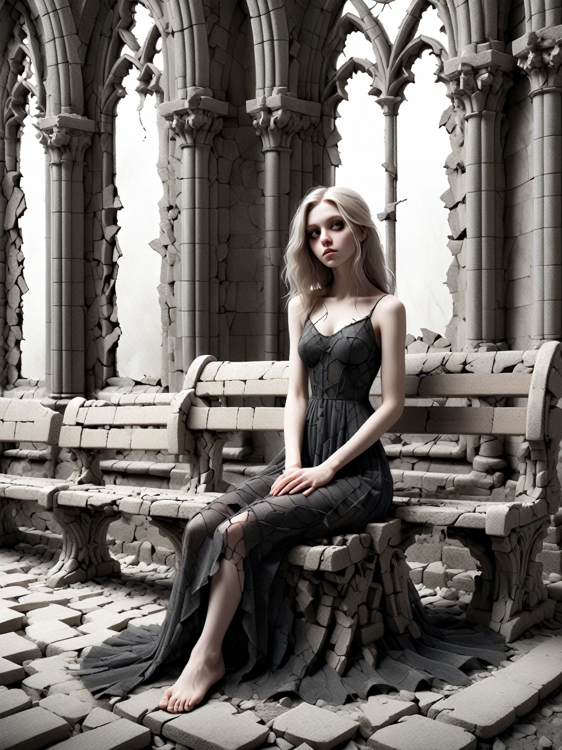 in a ruined Gothic church ,  a young woman wears a transparent black dress that reveals her pale skin underneath.  She is barefoot on the cold stone floor ,  surrounded by old benches and broken windows .  Her gaze is hypnotic and mysterious ,  while leaning slightly forward ,  revealing her silhouette in a subtle way .  The atmosphere is one of decadence and dark beauty ,  with a sensual touch that contrasts with the decaying religious environment .