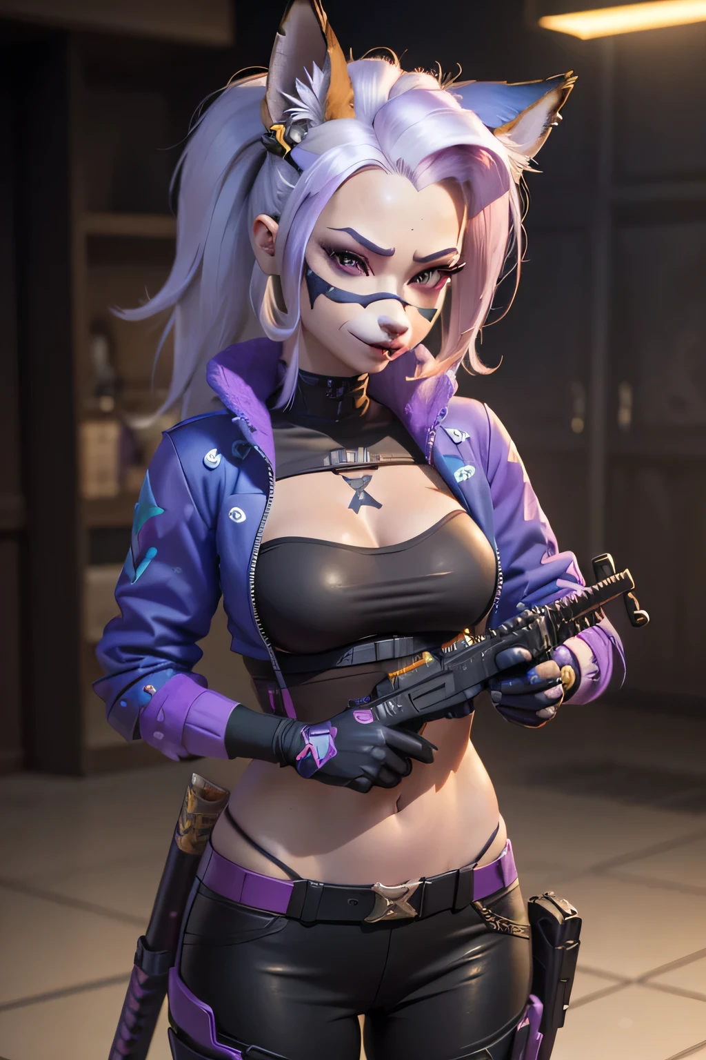 a close up of a person with a gun in a costume, a raytraced image by Lisa Nankivil, polycount contest winner, furry art, rendered in sfm, an anthropomorphic cyberpunk fox, katana zero video game character, saints row fursuit tails mod, rendered in redshift, 4 k octan render, jinx, remastered chromatic aberration