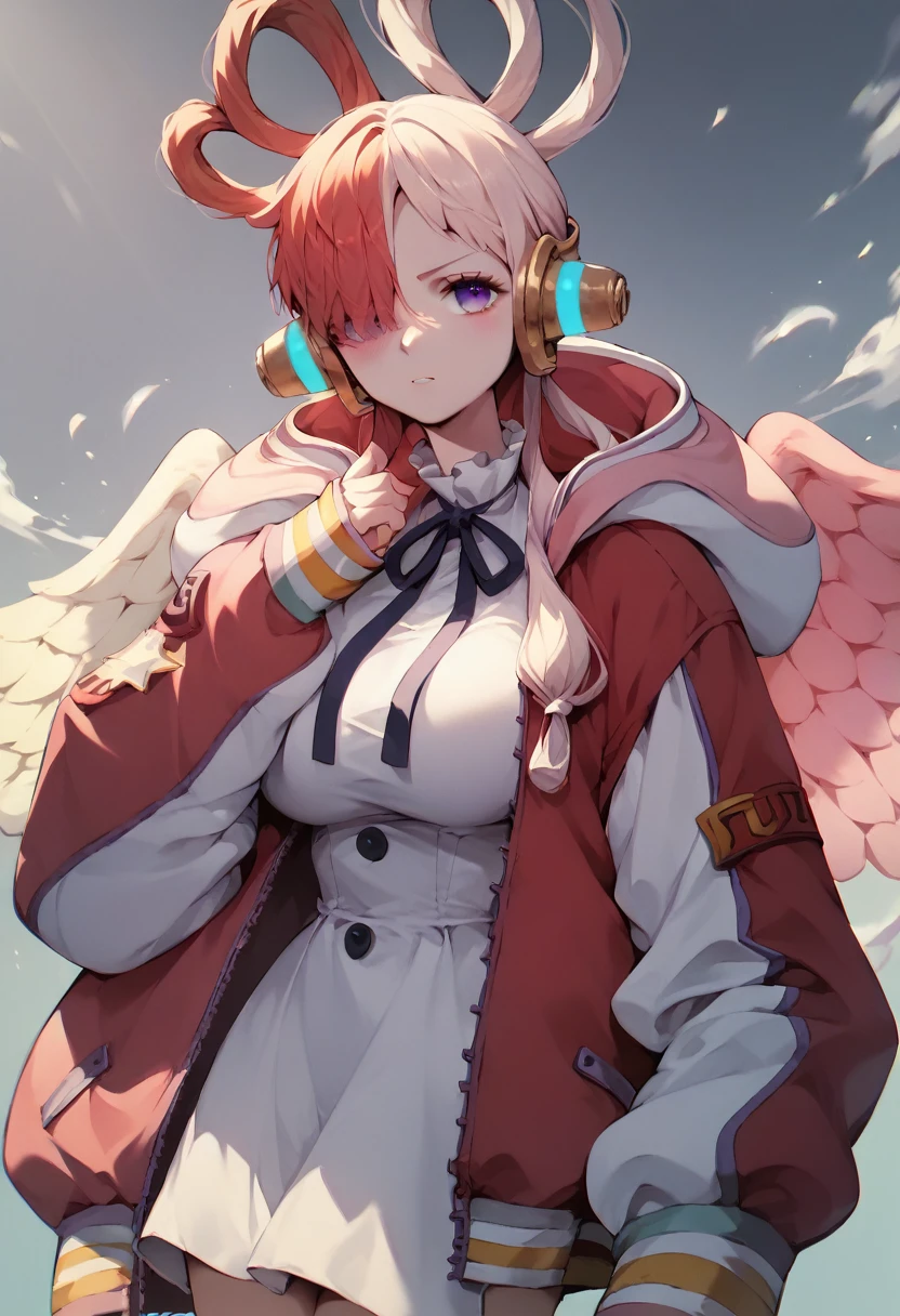 Uta, purple eyes, long hair, split-color hair, hair over one eye, hair rings, headphones, white dress, frills, neck ribbon, single sleeve, long sleeve
multicolored jacket,
multicolored wings, big breasts, 