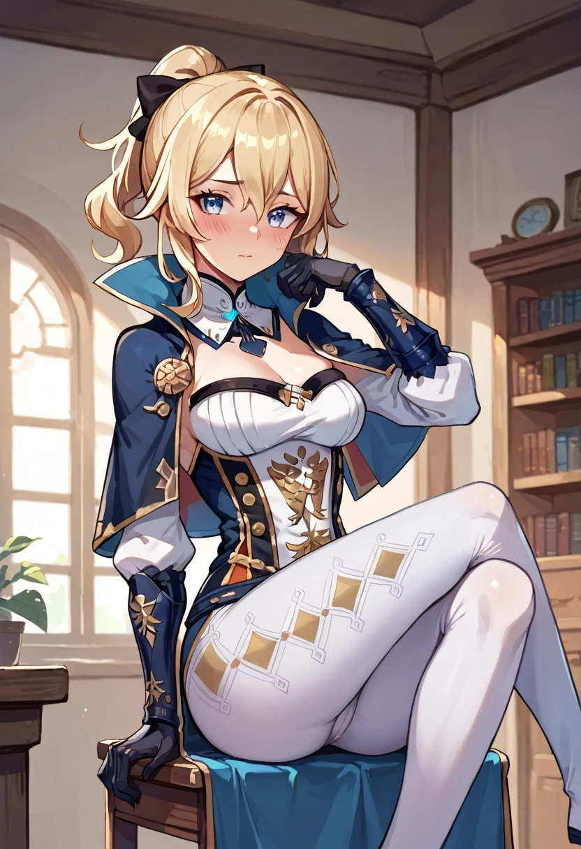 score_9, score_8_up, score_7_up, 1girl, solo, jean \(genshin impact\), jean def, blue eyes, blonde hair, ponytail, black gloves,detached collar,blue capelet, tight pants, sitting on chair, spreanding legs,, blushing, looking at you, indoors, fantasy room