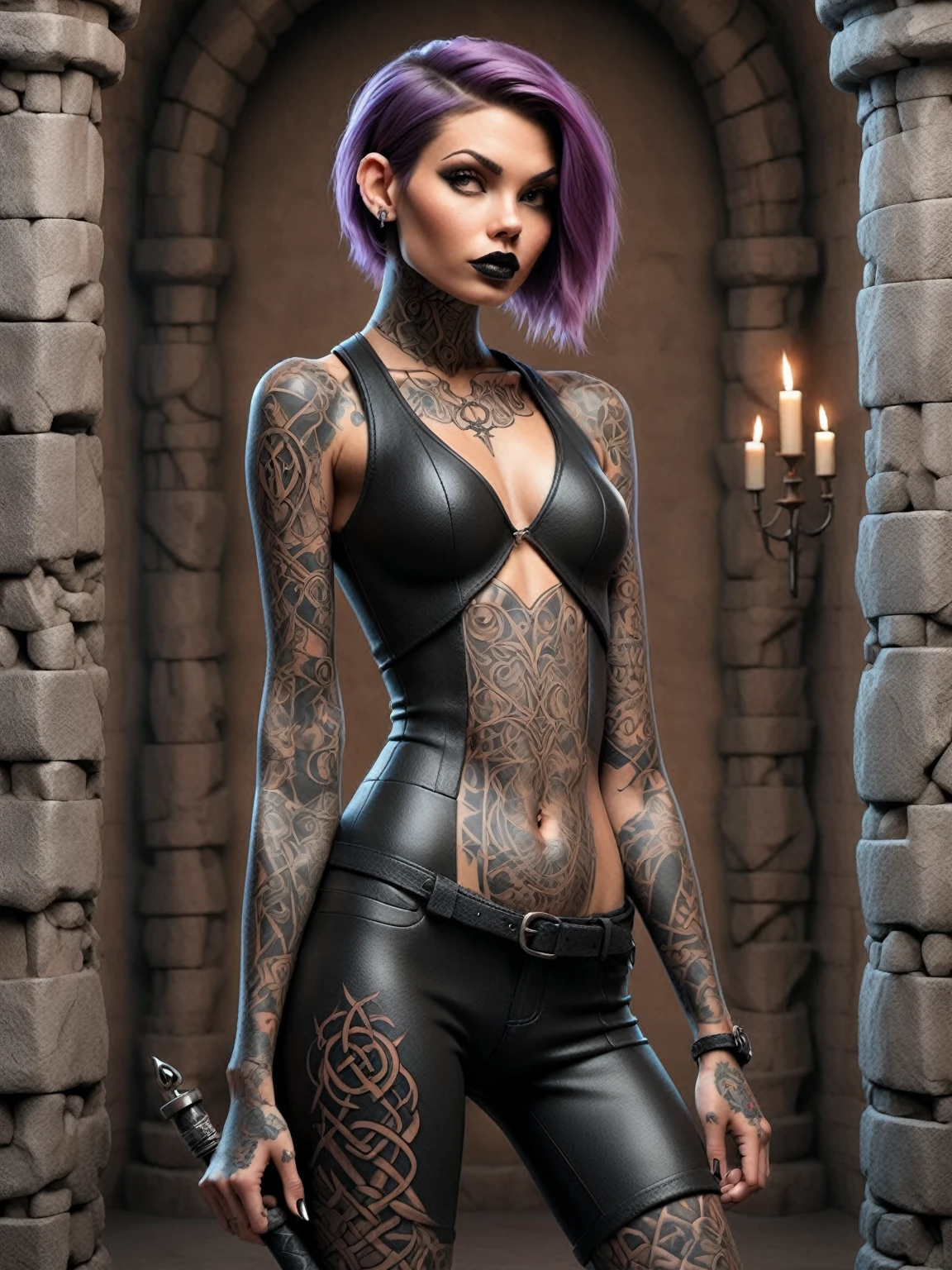  A young woman with tattoos of dark and occult symbols along her arms and back, is in a stone room ,  dressed in a tight leather outfit .  In one hand she holds a black leather whip ,  while her posture is relaxed but provocative . His gaze is defiant,  with an almost imperceptible smile on her dark lips ,  while the light of a nearby torch illuminates the details of her tattoos ,  highlighting her dangerous sensuality .