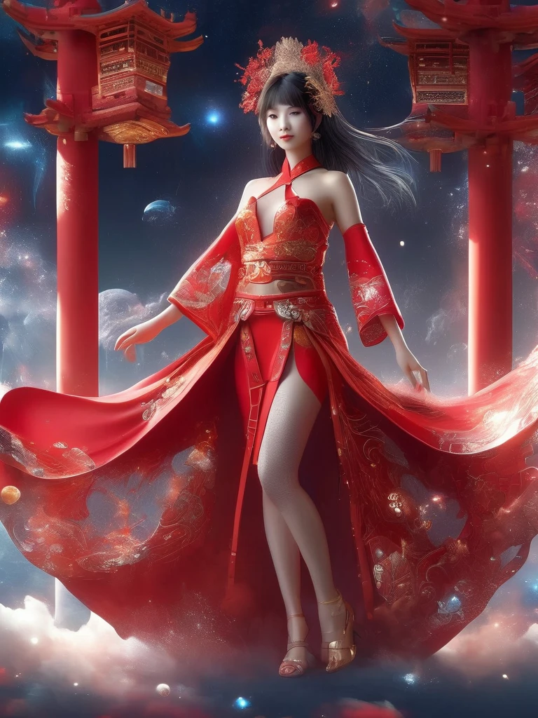 , ( Full Body Shot :1.4), Space Art,  Japanese Woman in Red Creative Dress，whole body，standing，humanoid，Slender body，  perfect proportions ，elaborate hair ornament ，smile，Clear Machine Shoes ， Oriental Elements ，(Bokeh)， high quality，4K，3d,Beautiful breasts