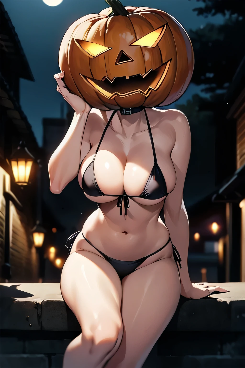 masterpiece, super details, best quality, 1girl, pumpkinhead, micro bikini, cleavage, street, night, moonlight