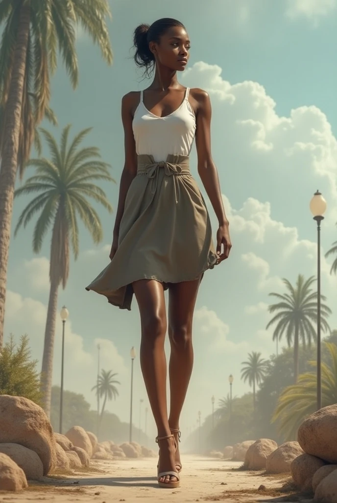 A tall beautiful, cute, African American  girl in a sleeveless skirt, open toe wedge heels. She has her hair tied to a bun. She so tall she towers over everyone she walks past. Her shoes size is big which means she has big feet which gives away her big size. She is extremely huge. Her legs are incredibly long and her feet are ginormous. She is twice the size of a normal person. She is as tall as a building. She is a giant.