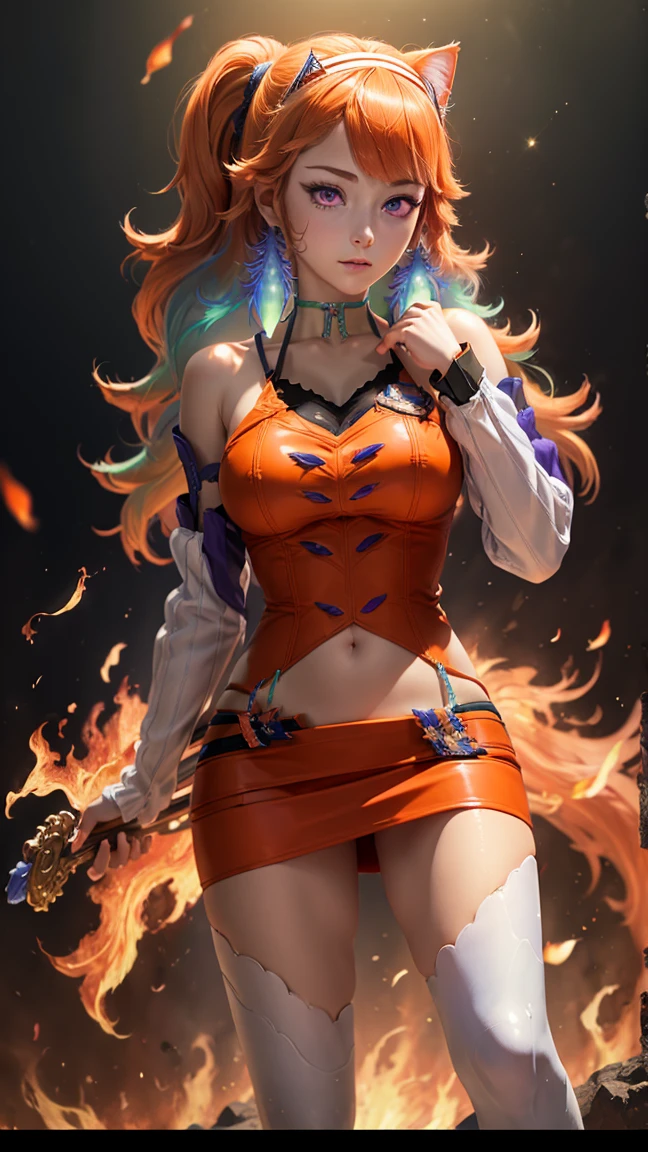 (masterpiece:1.5)0.9], Realistic, Orange hair, Purple eyes, Phoenix, warrior, fire, (Colored stars in the eyes:1.0) (A radiant glow:1.1), cat ears, cutest girl, Takanashi Kiara