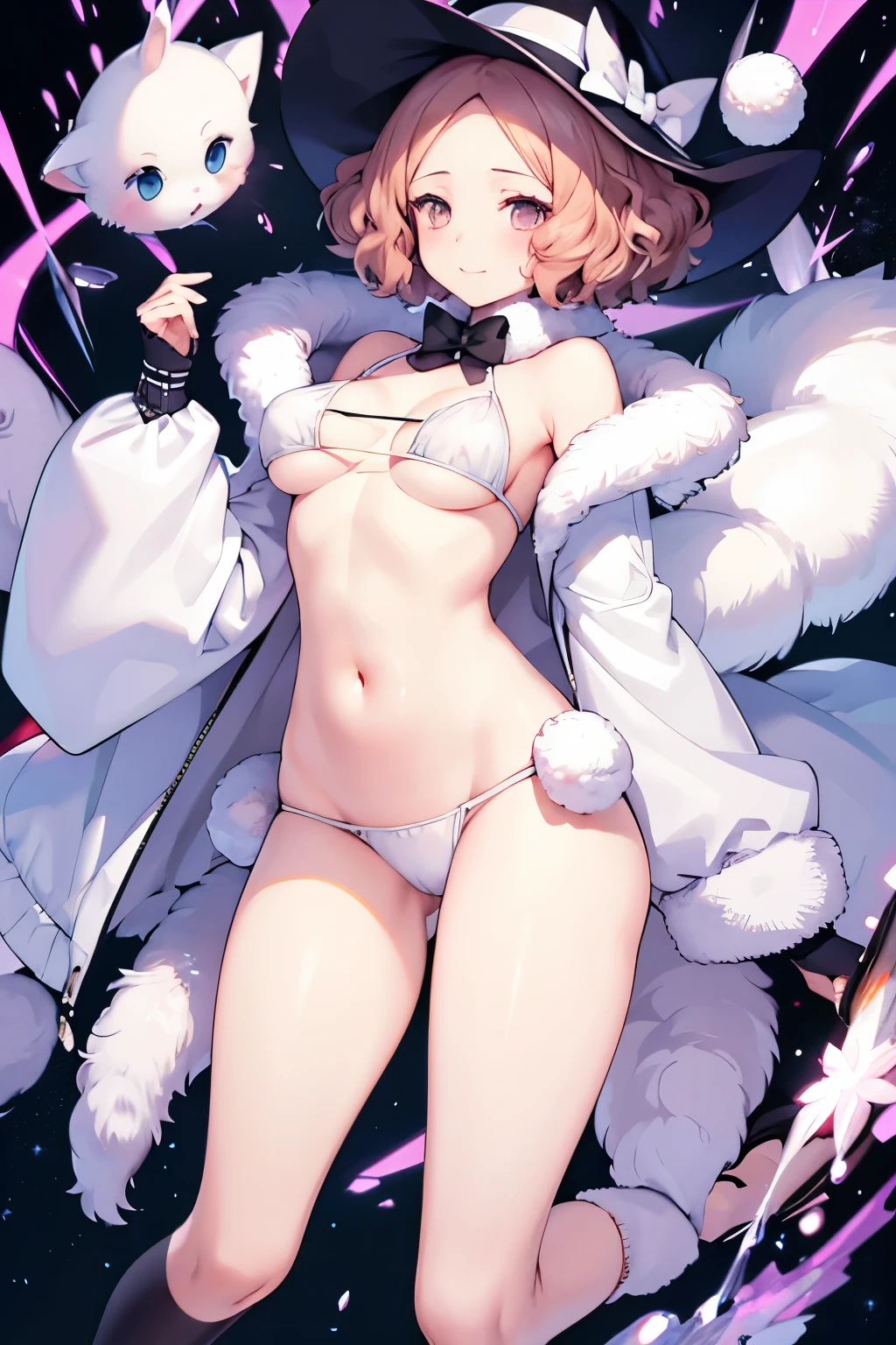 Woman in white fur jacket and bikini, Full body image , Seitenlicht, Chest size Small, Shy face, Haru Okumura, small boobs