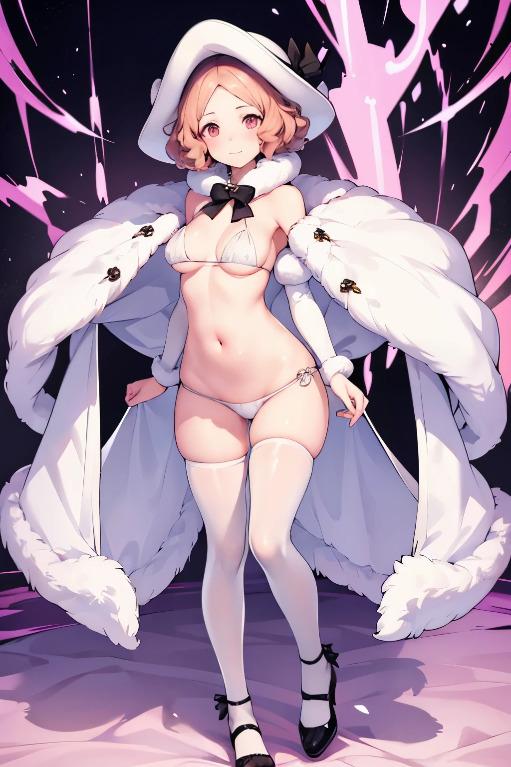 Woman in white fur jacket and bikini, Full body image , Seitenlicht, Chest size Small, Shy face, Haru Okumura, small boobs