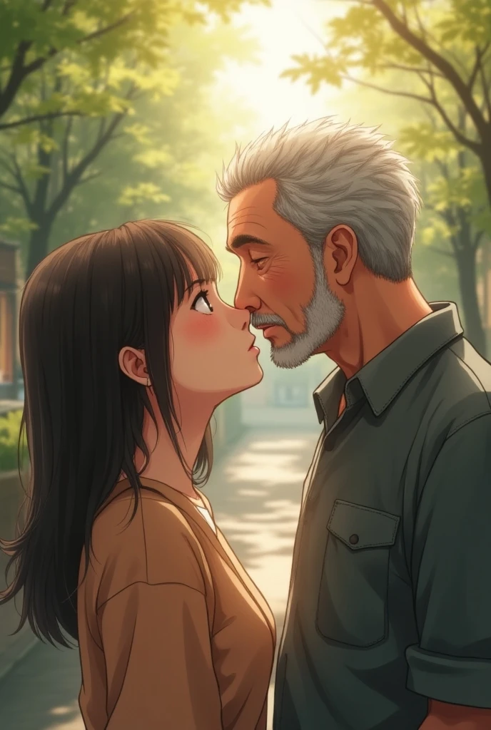 masterpiece, best quality, unity 8k wallpaper, illustration, very detailed, ((rape, sexual harassment, ache , 1 plump woman ,1 evil old man, first sound)),, sweat, Warmth, Stiff, normal chest ((at the park ))(((kiss)))