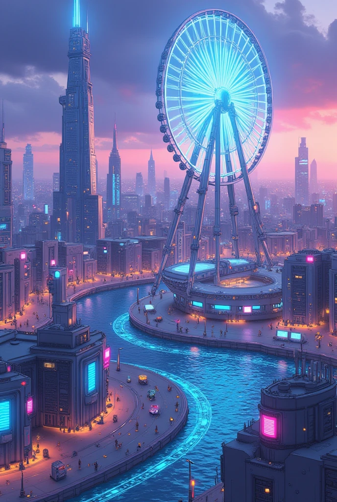 Cybanime, A futuristic amusement park set in a sci-fi metropolis, filled with glowing, neon lights and advanced technology rides. Sleek, silver roller coasters loop in impossible directions, defying gravity. A large holographic Ferris wheel stands at the center, while flying vehicles transport visitors across the park. 