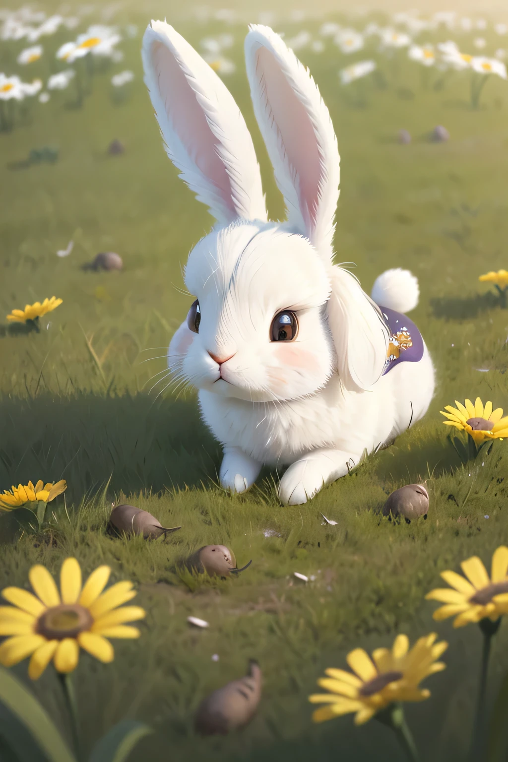 there is a rabbit that is sitting in the grass with daisies, anthropomorphic rabbit, rabbit, rabbit_bunny, a hyper realistic, cute anthropomorphic bunny, realistic depiction, rabbt_character, rabbit ears, close portrait, very very realistic, rabbits, highly realistic, by Konrad Klapheck, looks realistic, bunny, ultra realistic picture