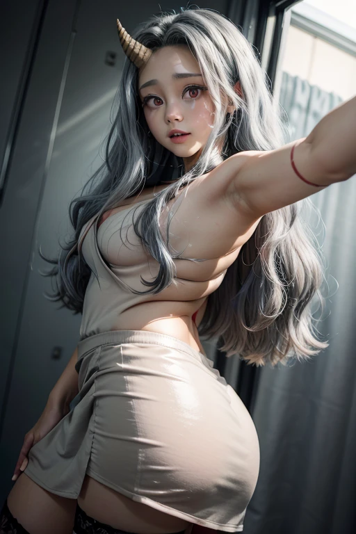 DIFFERENT,  long hair, (red eyes: 1,5), Gray hair, single horn in front,single horn , single horn in front, encDIFFERENTa roja,Plunging neckline,  bare breasts, lencDIFFERENTa reveladora,8K,3D,  Big breasts, lencDIFFERENTa ajustada, transparent mini skirt,translucent mini skirt , lencDIFFERENTa ajustada,  thigh-length stockings , high heels,  big thighs,big glutes, A cup breasts,  waist 50 cm and hips 70 cm ,With your back showing your ass taking a selfie in the sea..