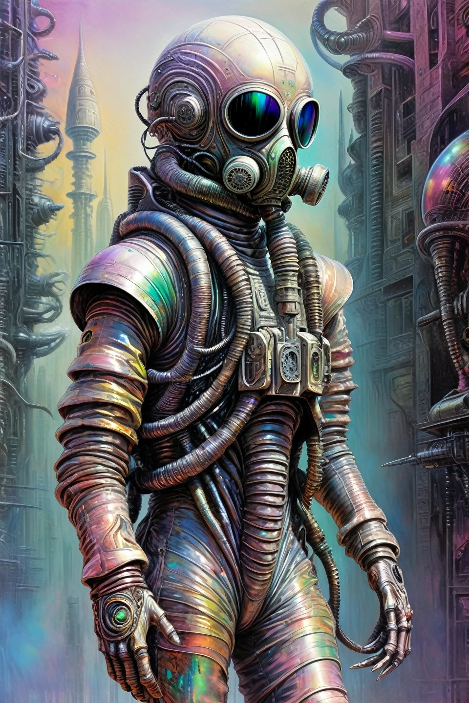  fantasy g1h3r Renaissance ,  a colorful drawing of a mature Kuwaiti biomechanical soldier in shades of white,  gas mask walking in the city  , In the background, various planets 