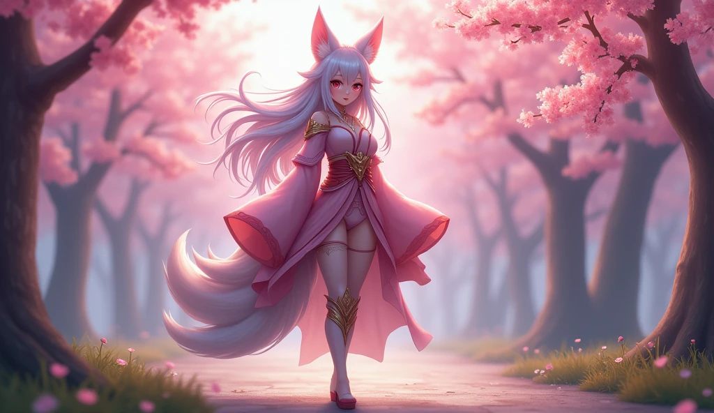 ( masterpiece ,  The best quality :1.3)
Ahri League , fox girl,  1 girl, Alone, long hair,  Walking in a Japanese park,  cherry blossoms 