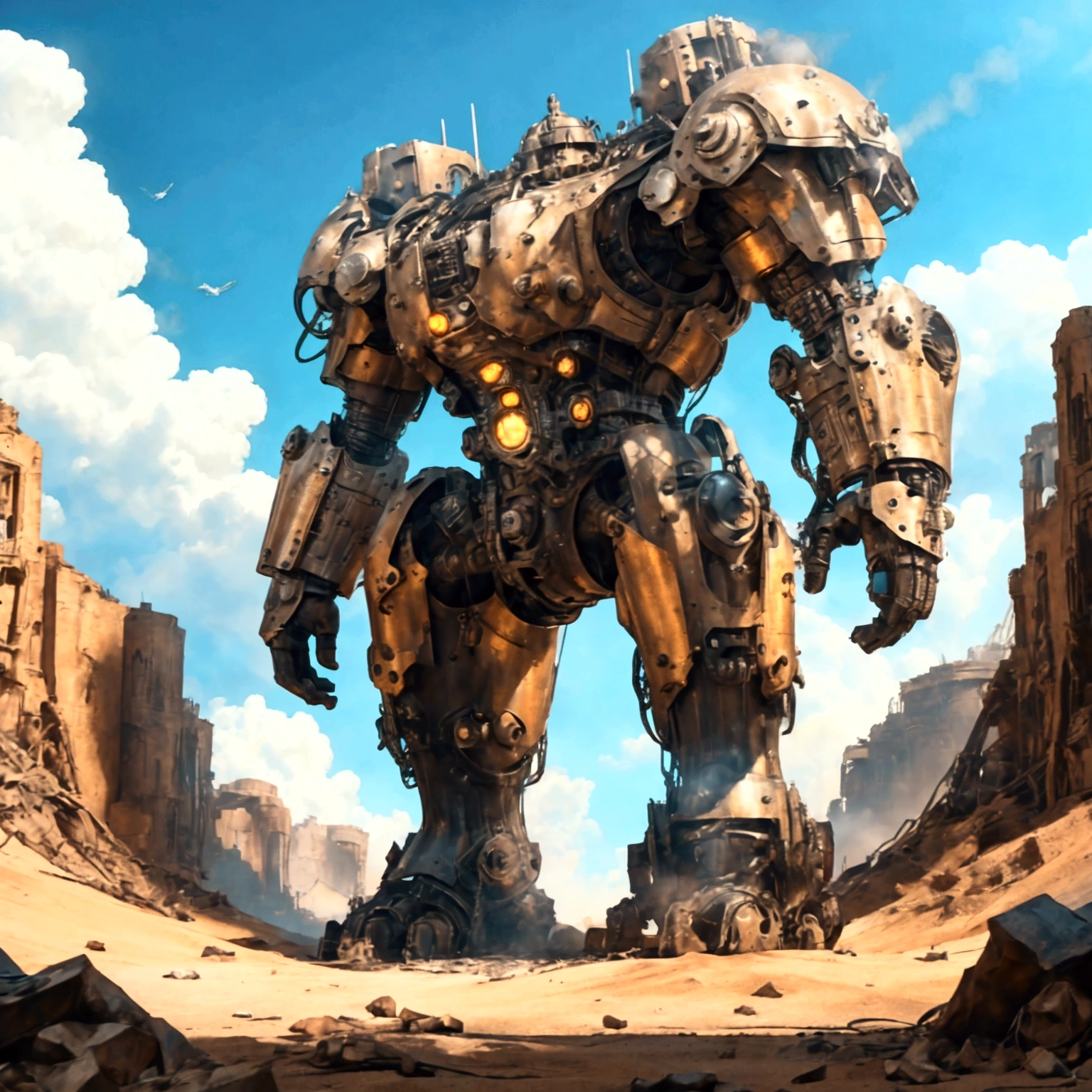  a huge steel machine ,  Complex and precise gear structure ,  steampunk style, steam,  Metallic luster , Strong light and shadow contrast , Rich details, Full of power, sci-fi futuristic ,  Huge shadows cast on the ground ,  Surrounding the ground {x} are deserted industrial ruins。