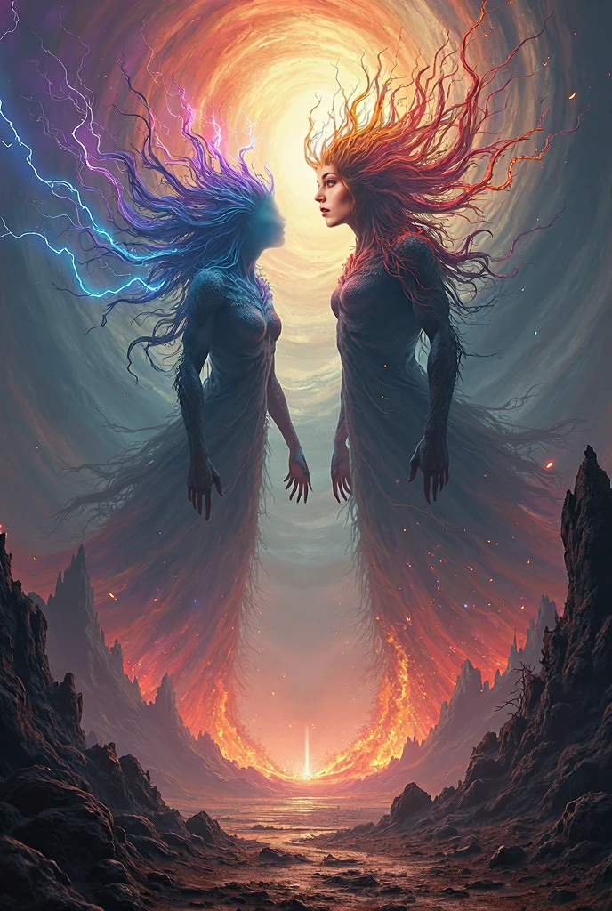 Create an image that depicts the encounter between Máterum the Primordial and the goddesses Lésnar and Réslar emerging from the fog of Hungu². Máterum, an imposing and divine figure, curiously observes the goddesses, who possess divine features, delicate bodies and small pairs of breasts. The goddesses have beautiful black eyes, straight red hair, and display charming freckles. The image should convey the mixture of curiosity, fear and fascination in this encounter. The setting should reflect the grandeur of the planet, with the fog enveloping the scene. Add elements that refer to the energy of the planets and stars. Highlight the expressions of the goddesses, revealing their shyness and discomfort before the powerful Máterum. The image should convey a magical and mysterious atmosphere, with details that highlight the importance of this encounter for the narrative. --auto --s2