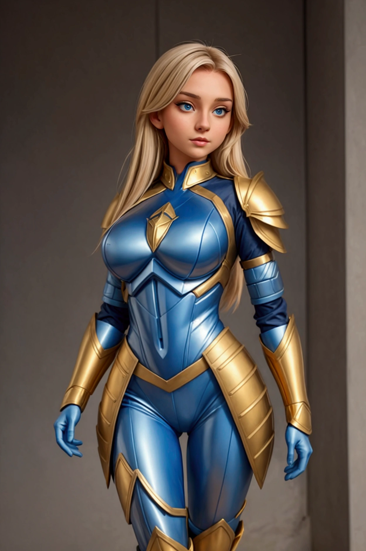 sex girl, wearing a blue and gold hero armor outfit, modern and futuristic outfit 