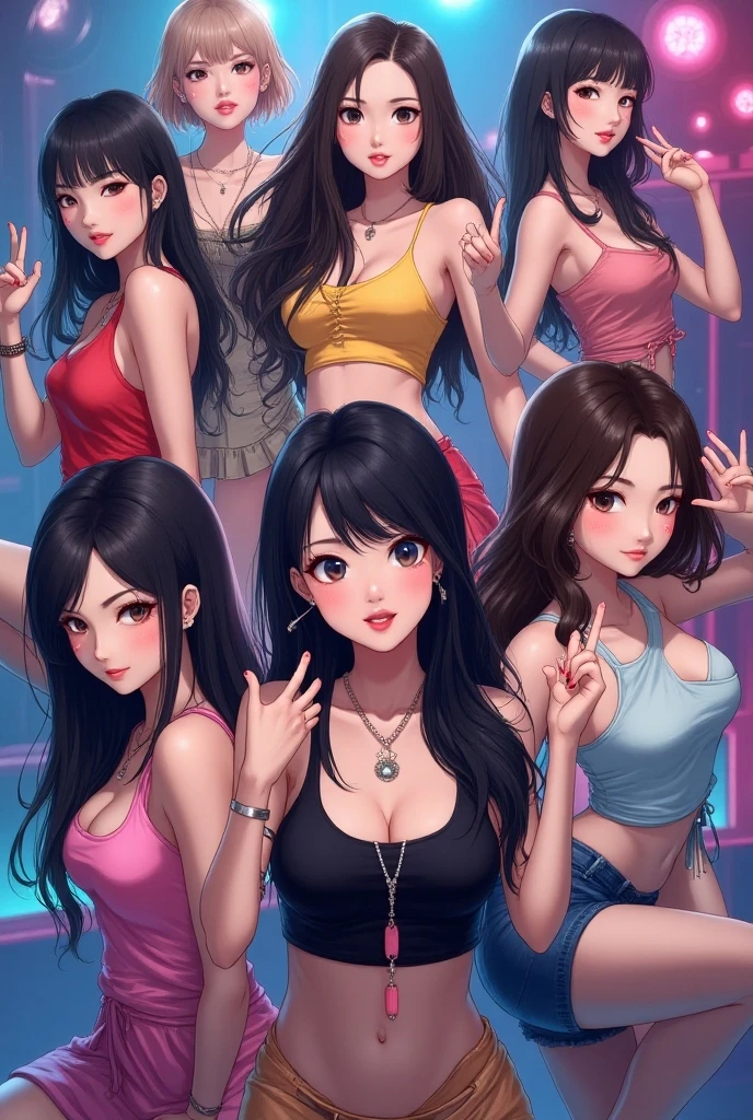 (night, Realistic Light, Best Quality, 8K, Masterpiece: 1.3)), Standing, Standing 5girl, perfect body curvy Beauty: 1.4, (Black Hair, Big Breasts: 1.3), (cleavage: 1.2), black bikini, sexy pose, Super Fine Face, Detailed Eyes, stylish hair, detailed hair, detailed eyes, pretty lips, anime style, highly detailed