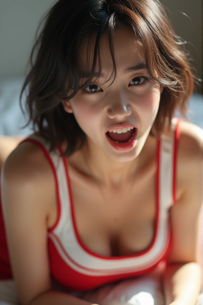 Photo realistic screaming Korean woman being undressed by a ghost boy for his huge penis,wear cleavage
