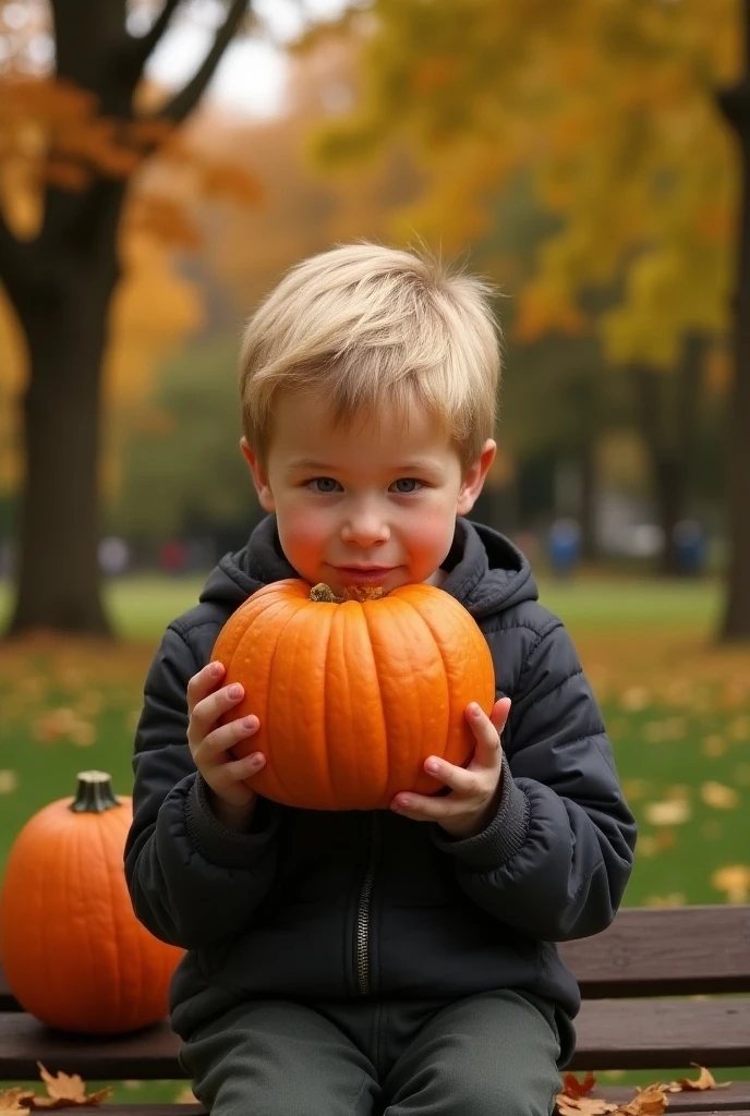 Pumpkin-headed boy, adorable, ropa casual, cabello marron liso, con dos calabazas a su lado en el suelo,  Pescador