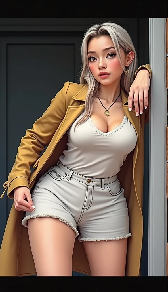 tall woman, half shaved blonde hair, simple short tunic, bare legs, sexy, busty, cleavage