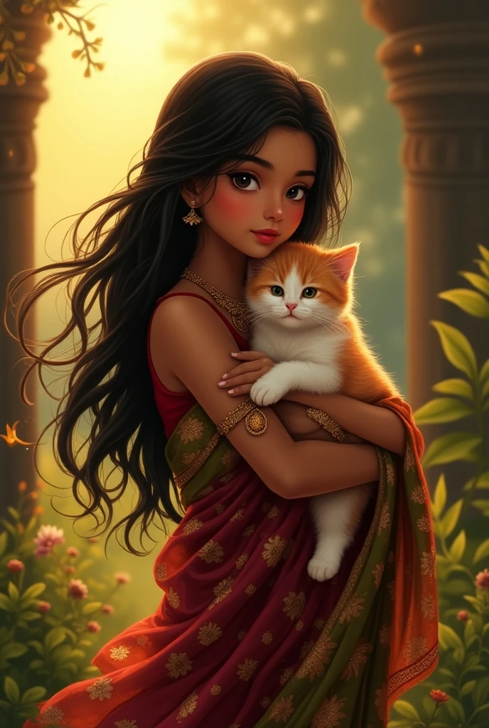 Black long hair light :-) a Indian girl realistic pic caring animal rabbit and smiling