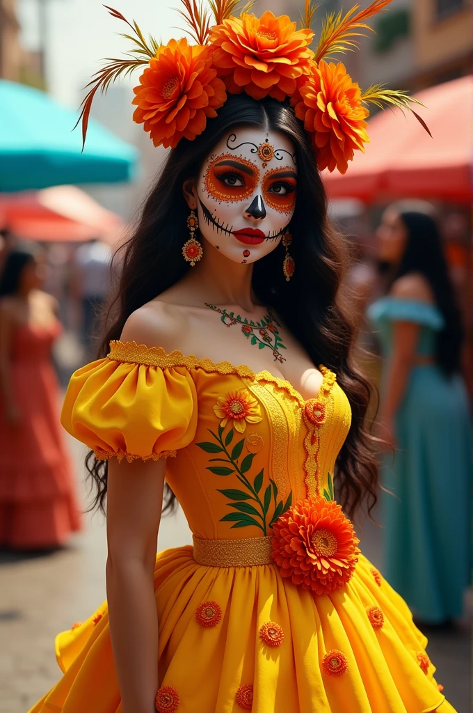 Cempasuchil flower costume made of paper cutouts 