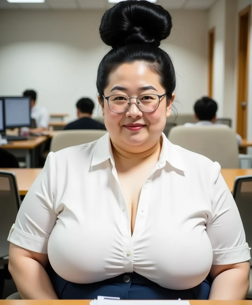 8k,Highest quality, masterpiece, Ultra-high resolution,(masterpiece:1.6, Highest quality), Intricate details, 1 female, Middle-aged woman in her 50s, japanese, full body,top of head,((jet Black Hair)) ,(An gigantic hair bun, A huge hair bun:1.５)), ((forehead:1.5)), Extremely obese, Fat face,round face,Saggy face, crow's feet wrinkies, ((huge breasts, gigantic breasts:1.5)), ((super Saggy breasts:1.5)), ((cleavage:1.3)), pale skin, shiny skin, white collared shirt,Navy Blue Skirt,Silver-rimmed glasses,A mature woman is sitting on a chair at the employee cafeteria table, ((breasts on table:1.5))