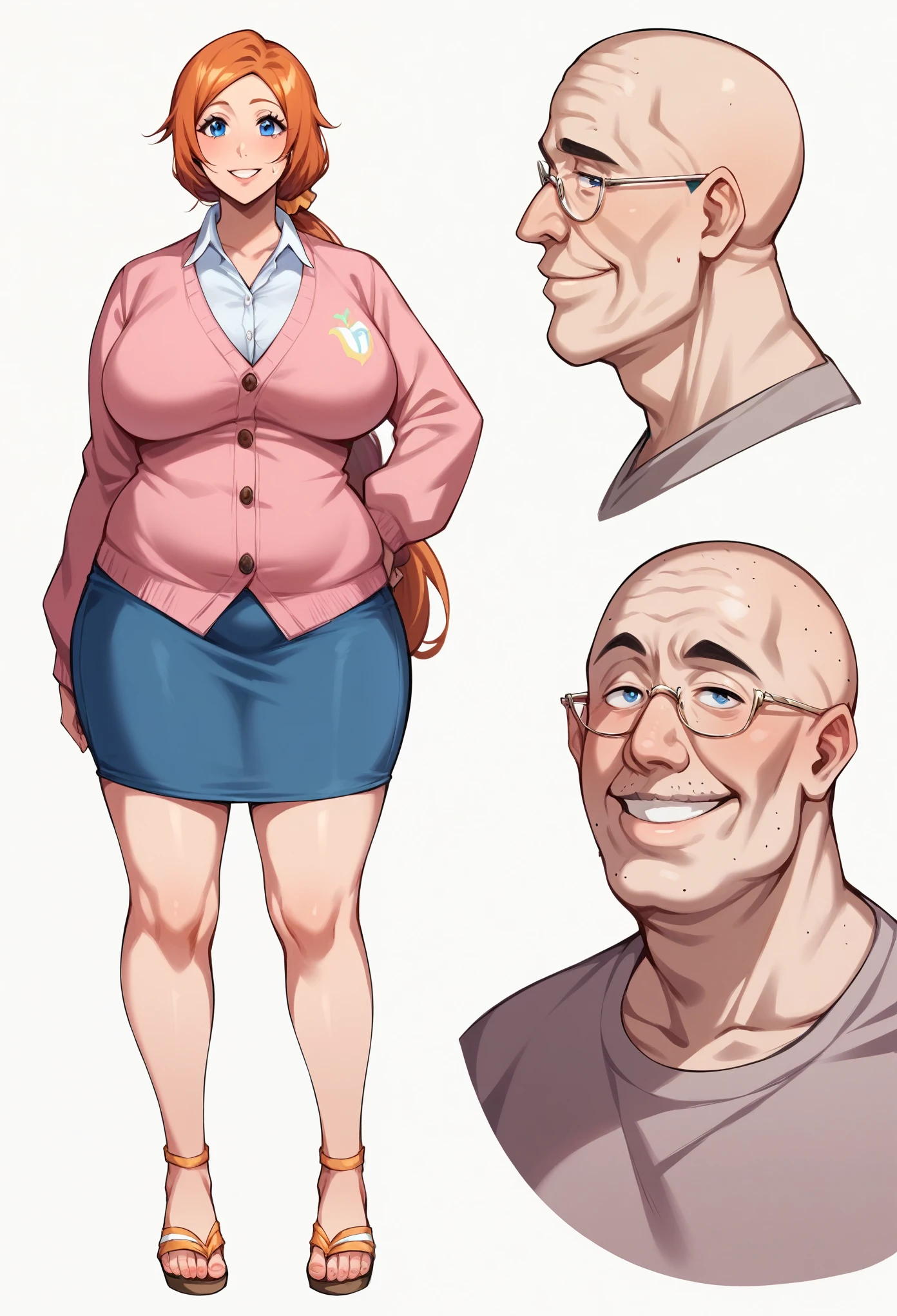 masterpiece,best quality,1girl,mature female,large breasts,wide hips,thick thighs,orihime_kurosaki,blue eyes,orange smooth straight hair,long loose low ponytail,hair scrunchie,housewife clothings,cardigan,pink tees,midi skirt,homey sandals,sweatdrop smile, her eyes on the man's penis, simple white background, full body, character sheet - identical wearing front & back view side by side, BREAK, with very old bald ugly homeless old man with hairy body, lecherous ugly tanetsuke oji-san (japanese bald ugly old fat man with potbelly and large girthy veiny penis), the old man is look-a-like Shigeo Tokuda:1.3, front girl - back old man,
