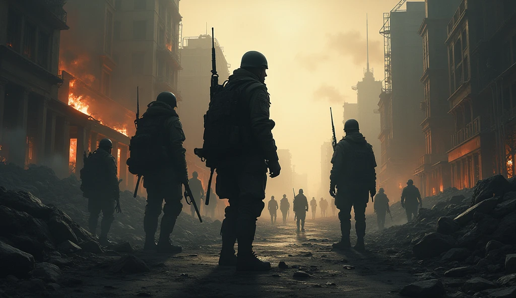 War Concept. Military silhouettes fighting scene on war fog sky background, World War Soldiers Silhouette Below Cloudy Skyline At night. Battle in ruined city