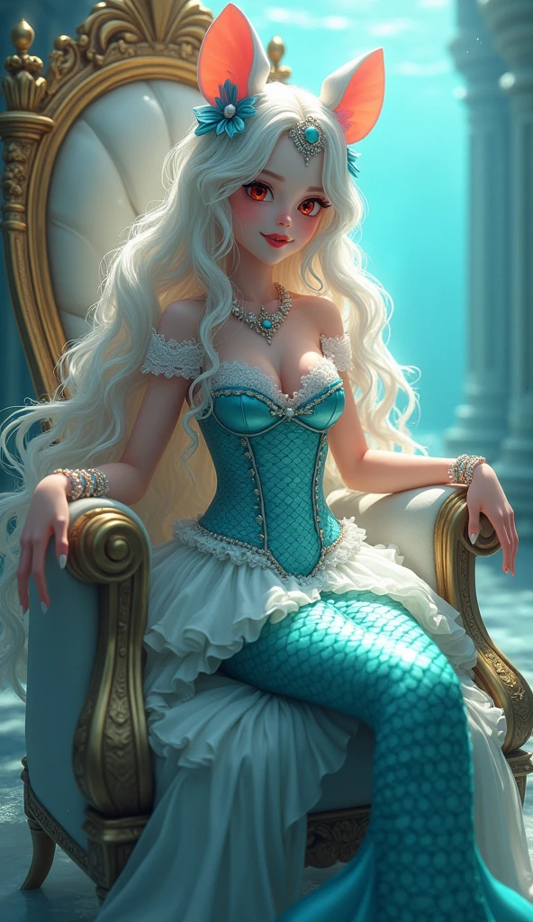(best quality,4k,8k,highres,masterpiece:1.2),ultra-detailed, drawn in 2D anime style, Pretty albino girl magically transformed into a beautiful mermaid princess, race swap, fantastic transformation, sharp teeth, beautifully detailed lips with lipstick, she’s smiling, steampunk, fishlike, wet body, very long curly white hair adorned with hair accessories, red eyes with long eyelashes, white fur, slim body, red manicured nails, whiskers, mouse ears with pearls earrings hanging from them, long mermaid tail below waistline with shimmering cyan fish scales, pelvic and dorsal fins, a pair of fish gills on her torso, highly detailed seashell bra with intricate patterns, pearl and gold bracelets, pearl necklace, tiara made of seashells, cute turquoise princess dress, iridescent colours, physically-based rendering,gorgeous frilly dress design,flowing gown,elaborate lace details,rich textures,contrast stitching,delicate ribbon bows,fish scale accents, translucent skirt,fitted waistline,lace-up back,luxurious fabrics,flawless silhouette, joyful expression, sparkling water, water reflections, ethereal atmosphere, subtle glow, whimsical and enchanting, sitting gracefully on a throne chair, underwater castle interior, intricately decorated throne room, magical underwater lighting, vivid colors, breathing underwater, endless ocean depths, light filtering through the water, Highly detailed, masterpiece, high quality, 4K.