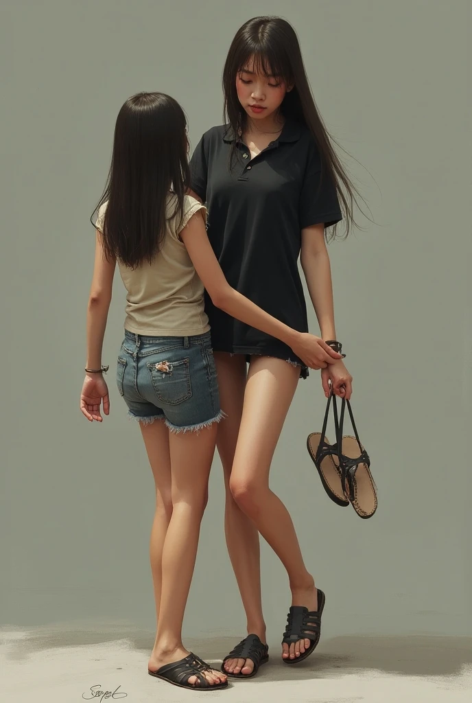 woman sitting on steps with her legs spread,exposed thighs, in shorts, her tiny hands are on her thighs, booty shorts, legs sprea