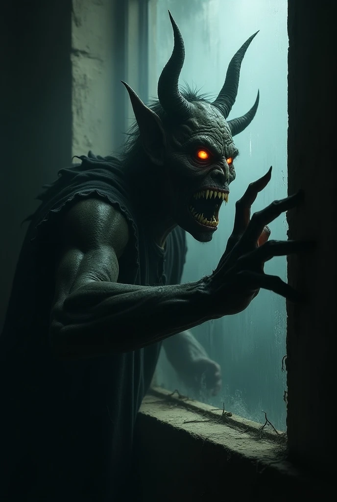 An old wizard with long nails, red eyes, and an open mouth about to eat a teenager.
