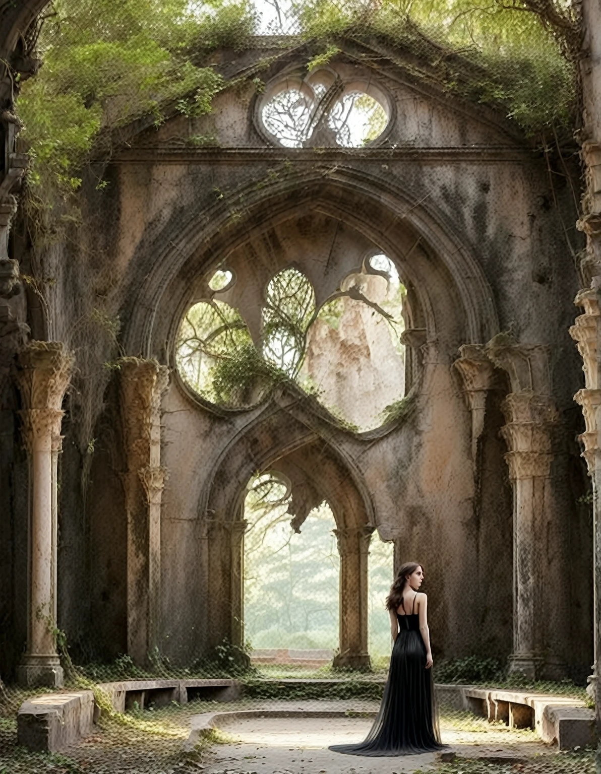 in a ruined Gothic church ,  a young woman wears a transparent black dress that reveals her pale skin underneath.  She is barefoot on the cold stone floor ,  surrounded by old benches and broken windows .  Her gaze is hypnotic and mysterious ,  while leaning slightly forward ,  revealing her silhouette in a subtle way .  The atmosphere is one of decadence and dark beauty ,  with a sensual touch that contrasts with the decaying religious environment .