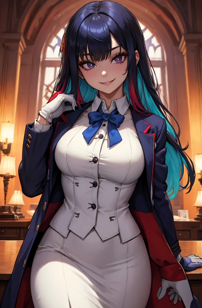 ado, 1girl, multicolored hair, long hair, collared shirt, jacket, bangs, gloves, blue flower, smiling, evil, mature, breasts,
