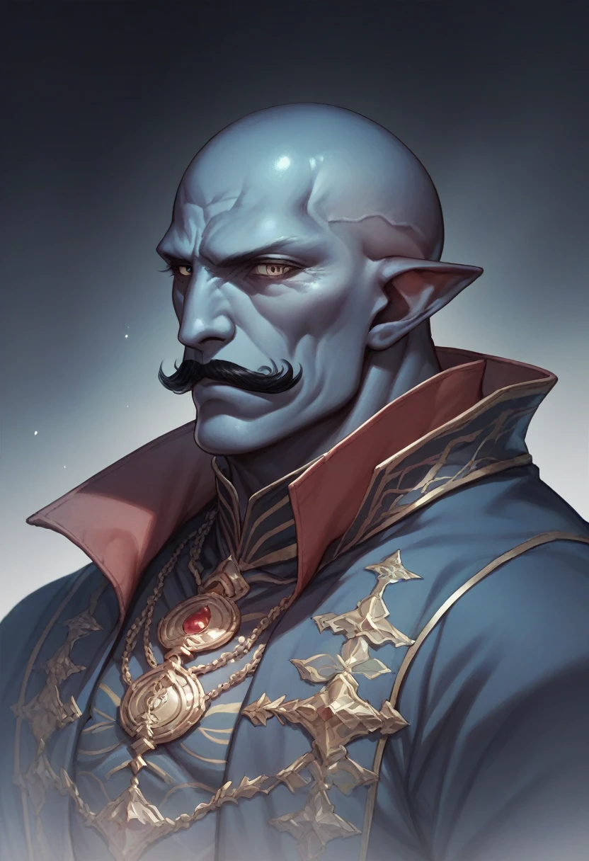 A good looking rakshasa of Indian mythology dark blue skin pointy ear bald head black moustache muscular body dark background