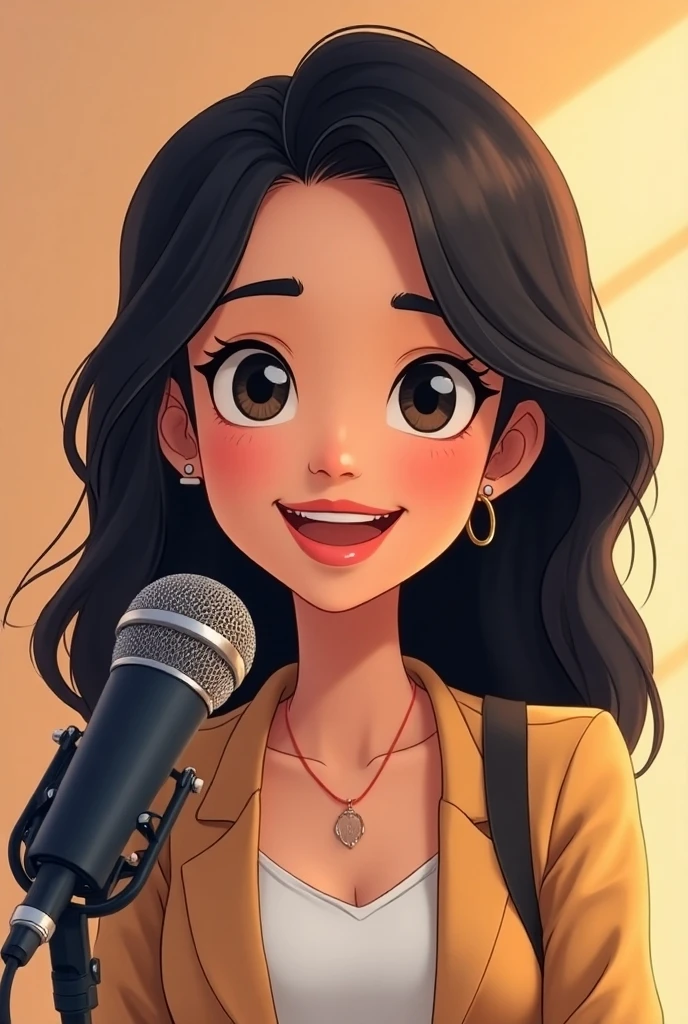 a very beautiful woman, have wavy hair, sit as a radio announcer, have a sweet smile, beautiful eyes , wearing striped clothes o ,cubby face, russian face with black hair